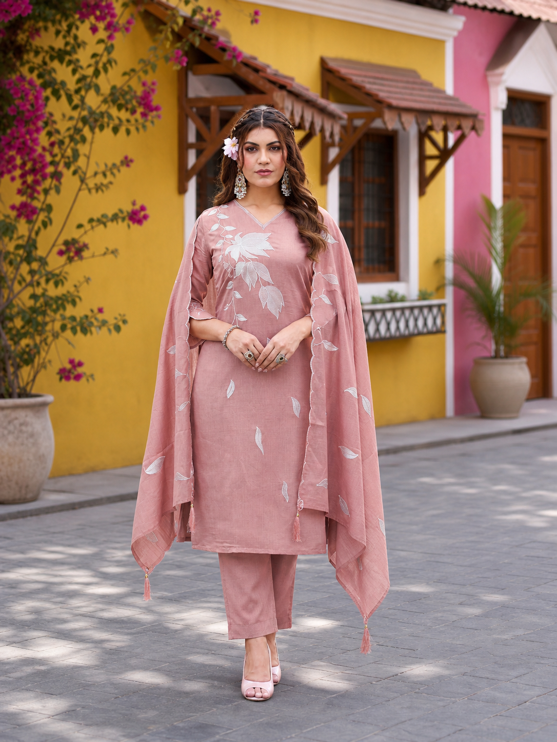 Vaynika Dusty Pink Tropical Leaf Embroidery 3piece Set