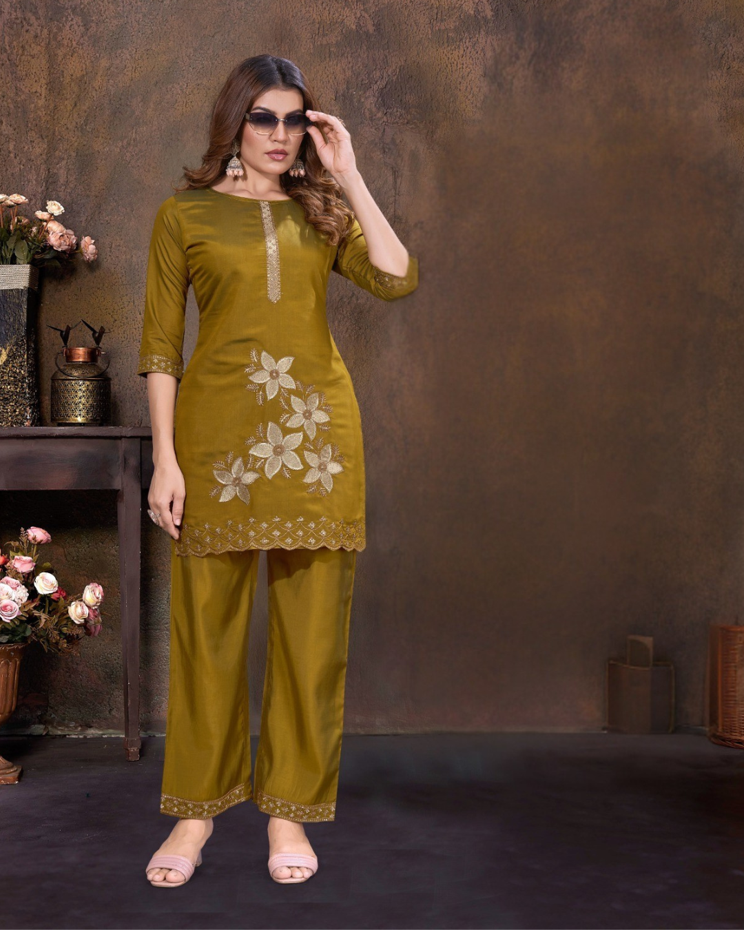 Vaynika Olive Green Petal Designer 2PCS For Women