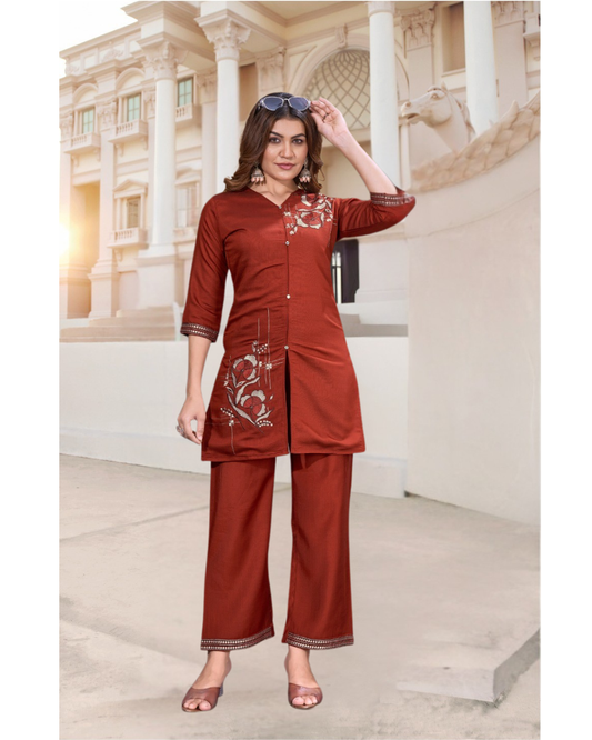 Vaynika Brick Red Minimal Floral Embroidered 2PCS Set