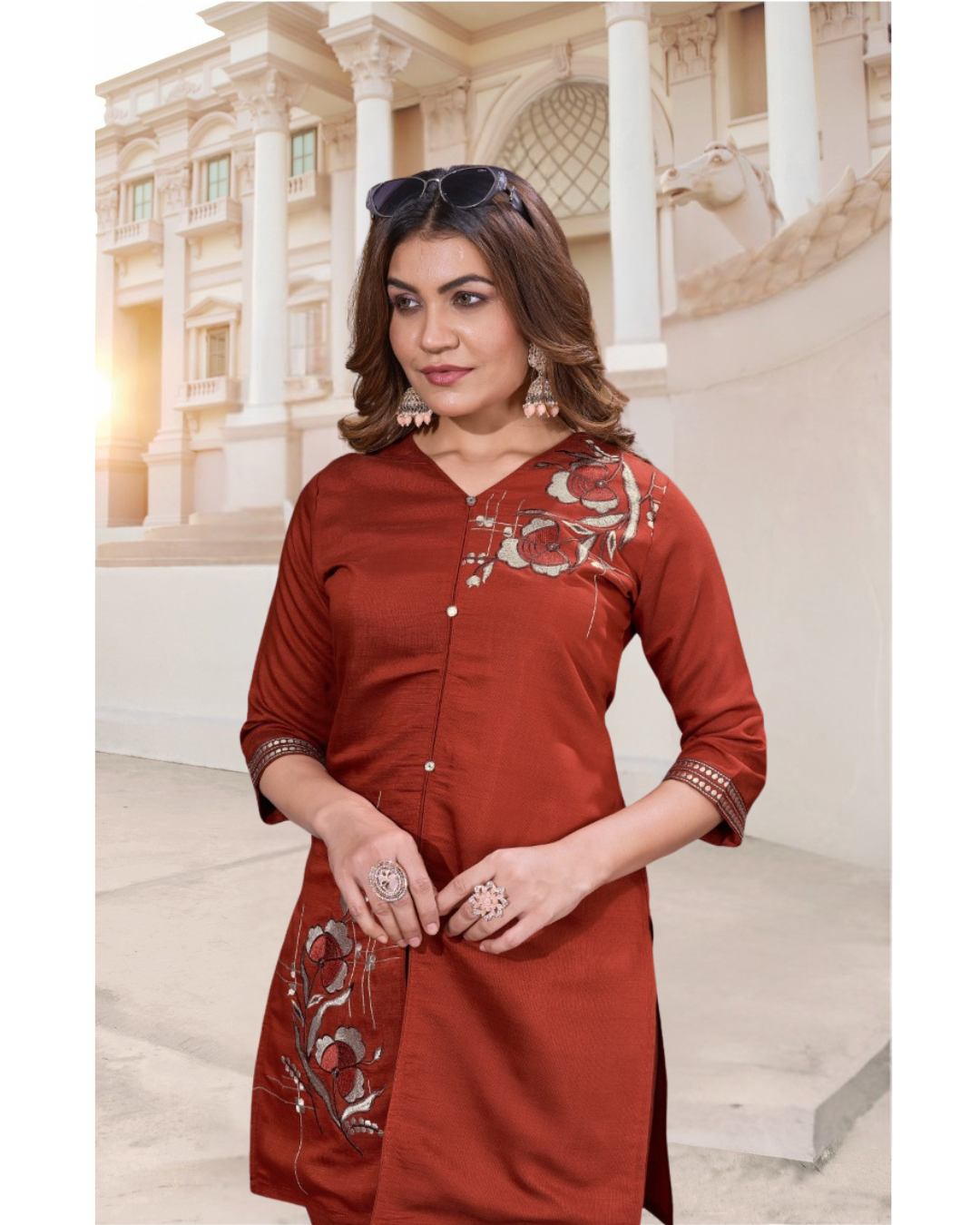 Vaynika Brick Red Minimal Floral Embroidered 2PCS Set