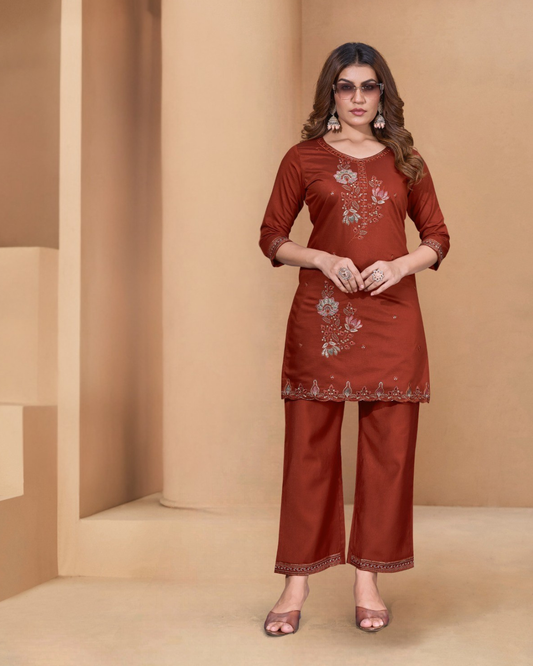 Vaynika Brick Red Embroidered 2PCS Set with Sequence Work