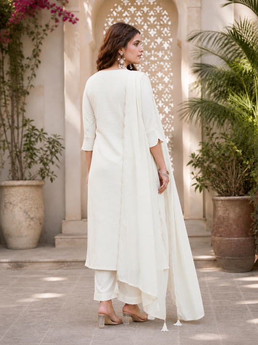 Vaynika White Tropical Leaf Embroidery 3piece Set