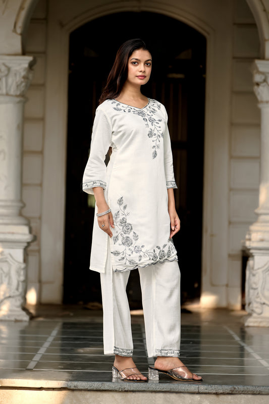 Vaynika White Subtle Thread Detailing 2PCS Set For Women