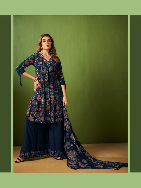 Vaynika Navy Blue Designer Floral Ethnic Suit