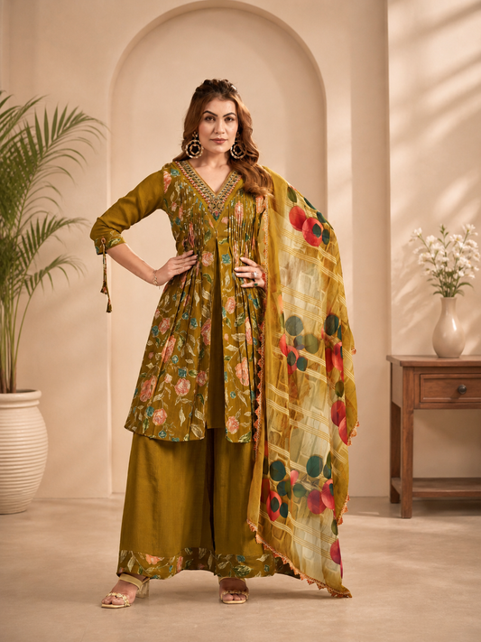 Vaynika Olive Green Floral Printed 3piece set