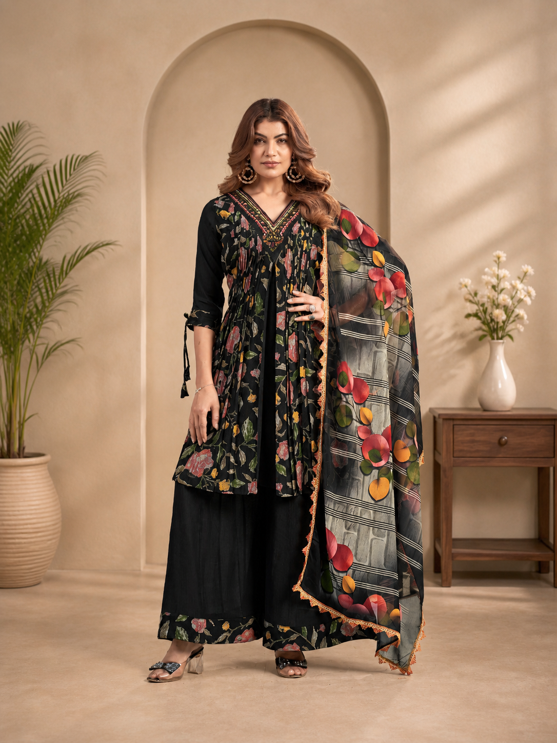 Vaynika Black Floral Printed kurti pant dupatta set for women