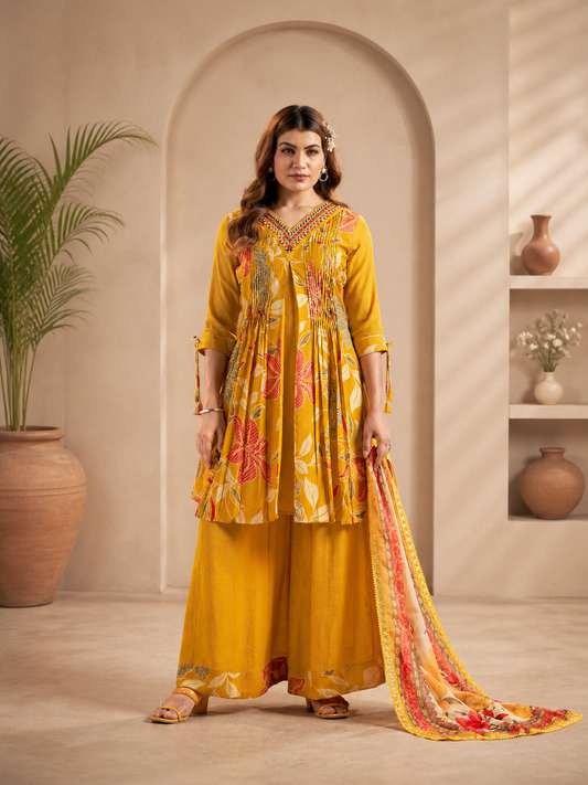 Vaynika Yellow Floral Embroidered 3-piece