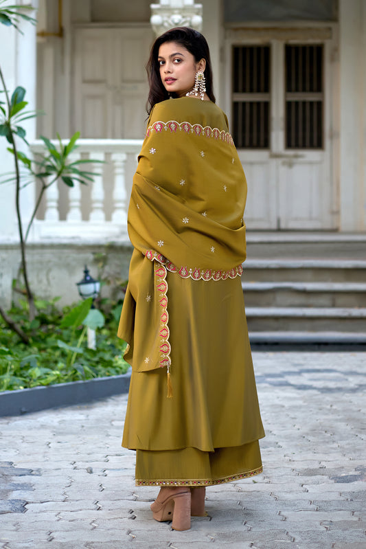 Vaynika Elegant Mustard Olive Green Embroidered 3-piece set for women
