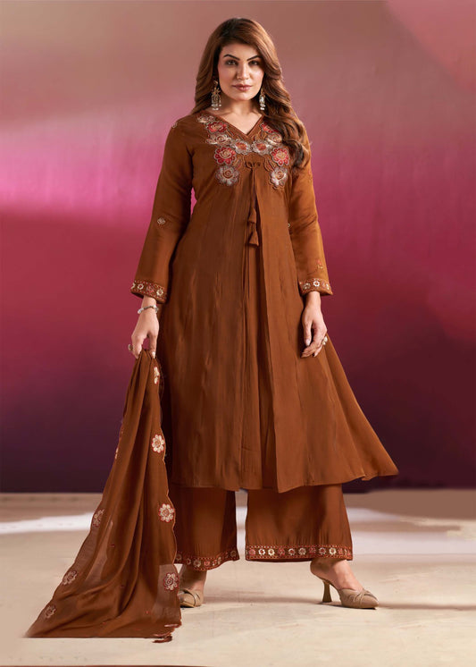 Vaynika Brown Floral Embroidered 3-piece