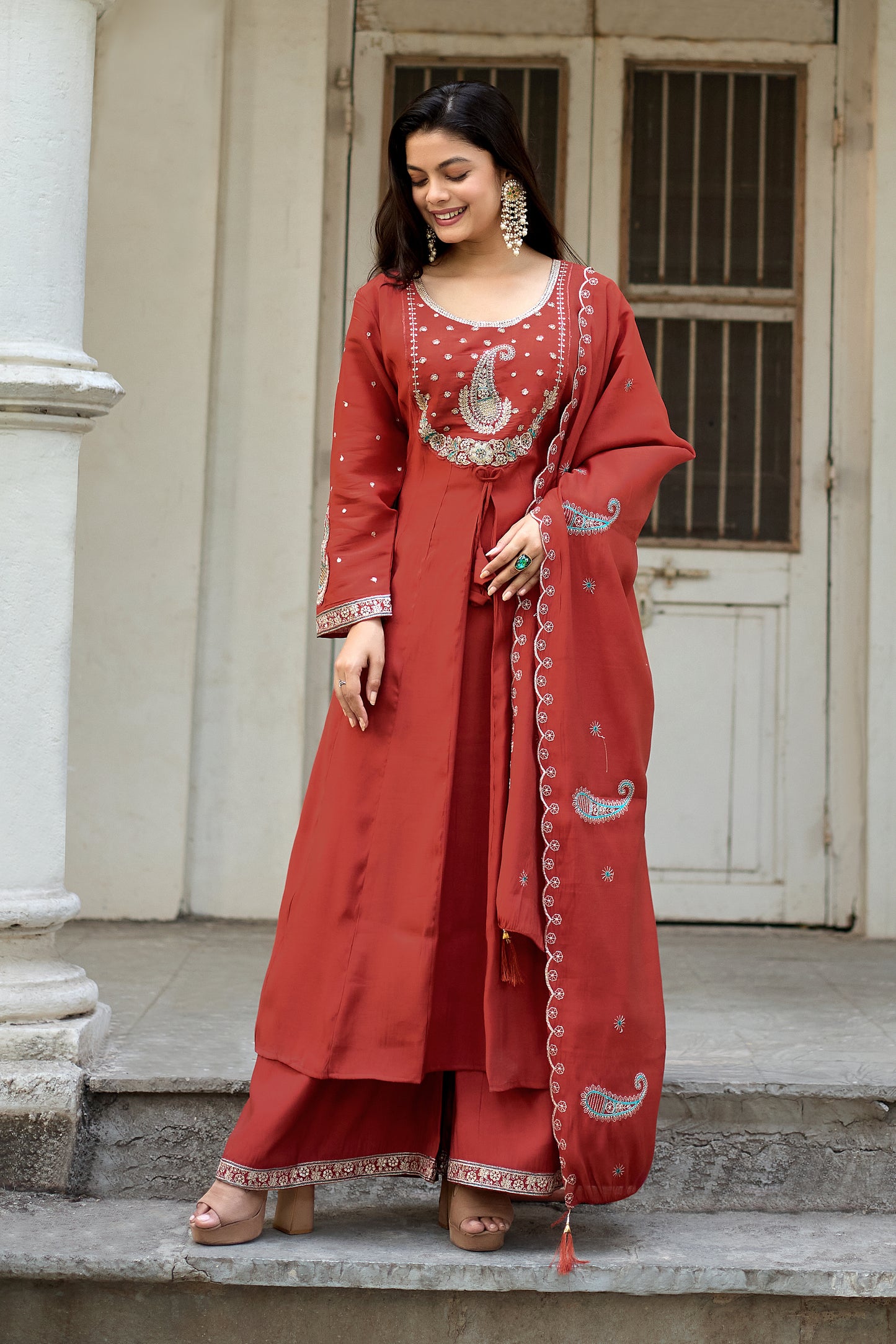 Vaynika Red Thread Work Embroidered 3-piece for women