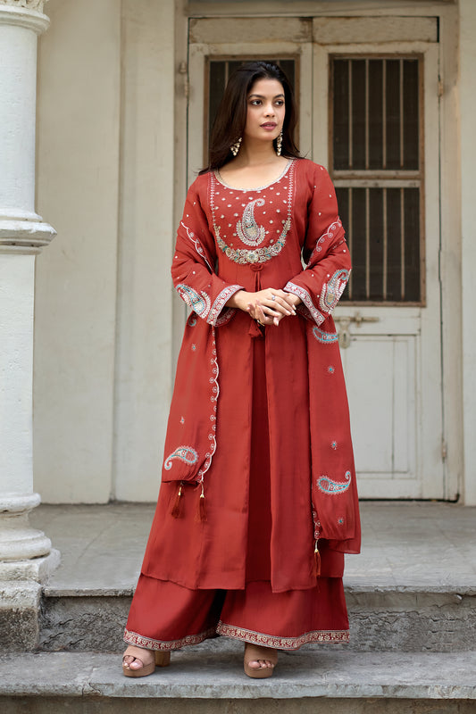 Vaynika Red Thread Work Embroidered 3-piece for women