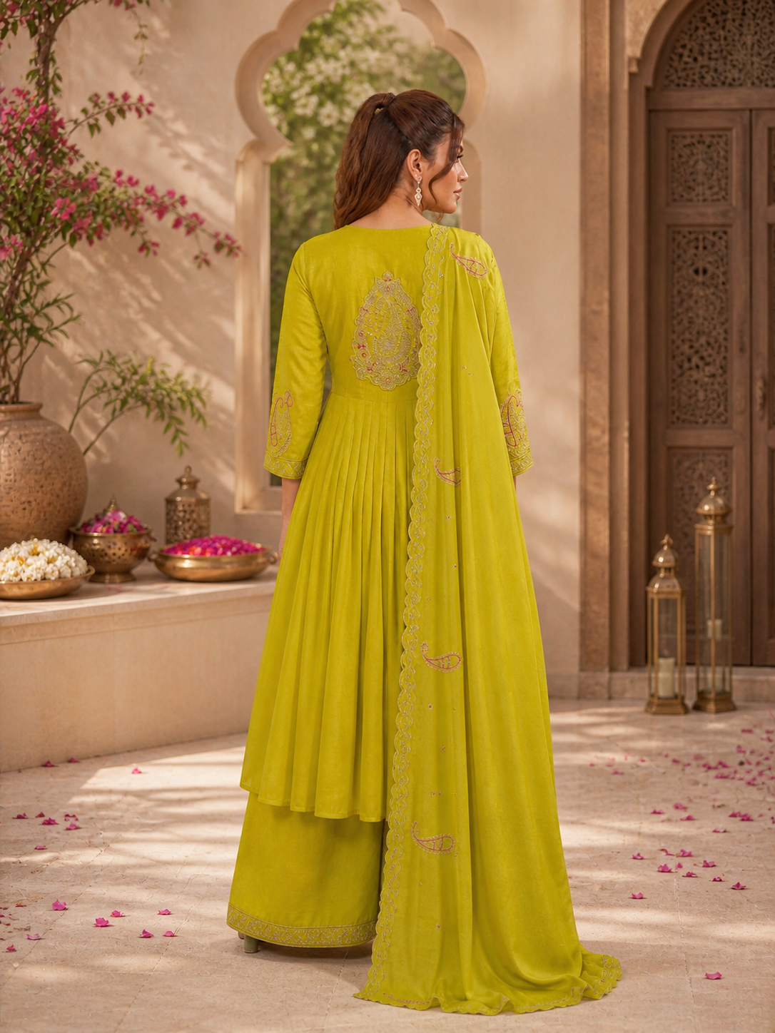 Vaynika Lime Yellow Thread Work Embroidered 3-piece for women