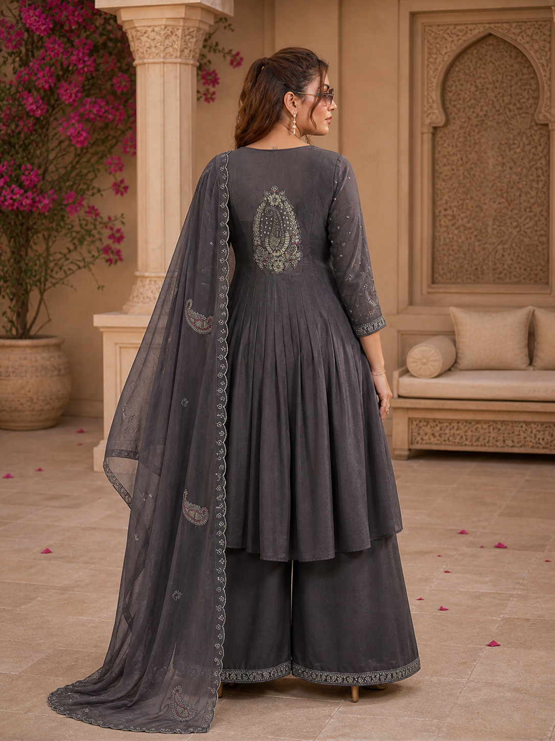 Vaynika Dark Grey Thread Work Embroidered 3-piece for women