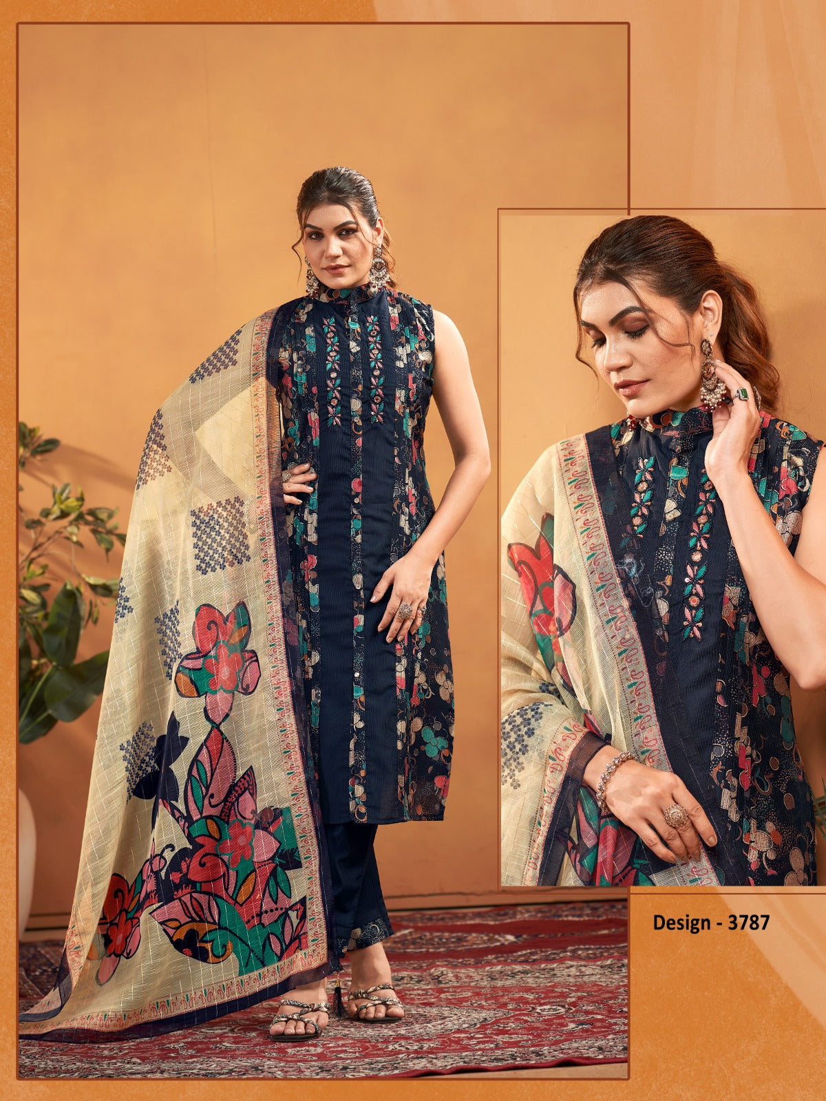 Vaynika Navy Blue Ivory Rangoli Embroidered Kurti Set