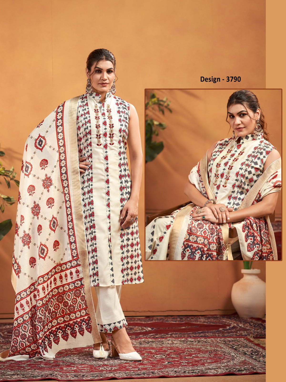 Vaynika Ivory Rust Ajrakh Printed Embroidered Kurti Pant Dupatta Set