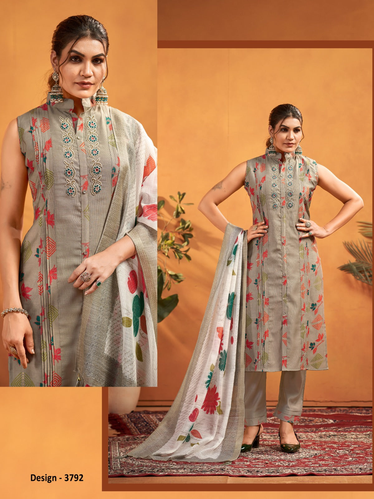 Vaynika Ash Grey Multicolour Floral Printed Embroidered Kurti Pant Dupatta Set