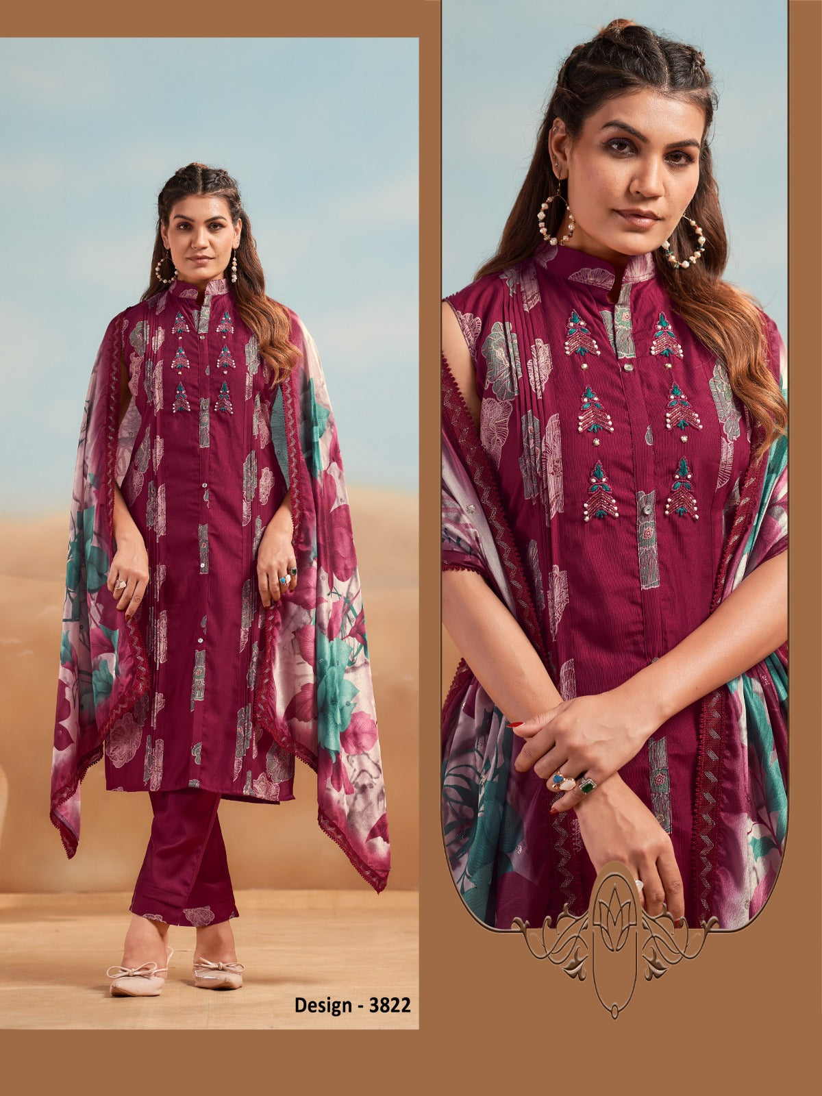 Vaynika Wine Magenta Floral Printed Embroidered
