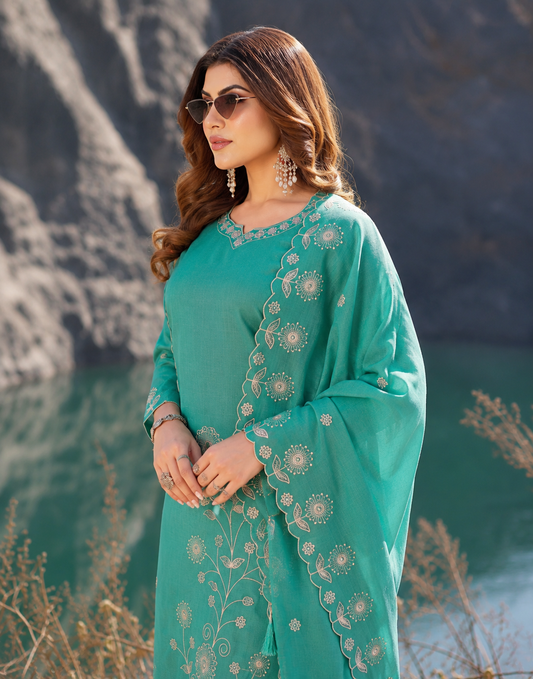 Vaynika Sea Green Embroidery Kurti Set