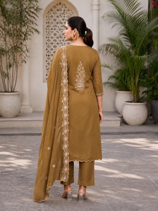 Vaynika Olive Green Ethnic Floral Embroidered 3piece Suit