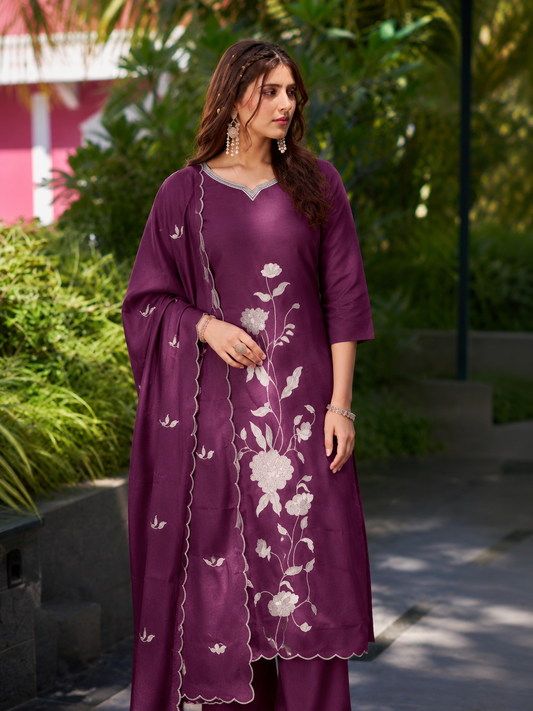 Vaynika Wine Floral Printed 3 piece Set