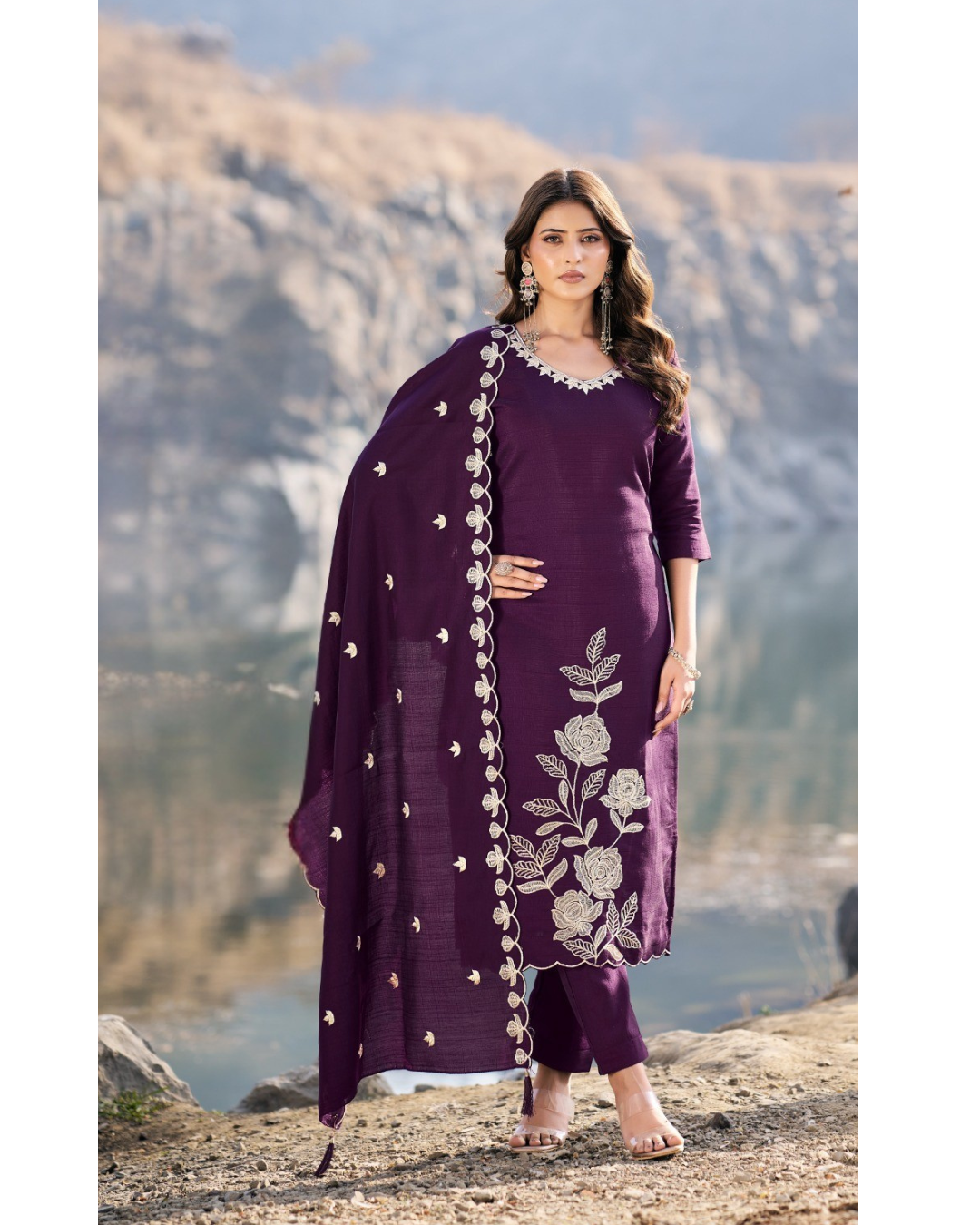 Vaynika Purple Threadwork Floral Print 3piece