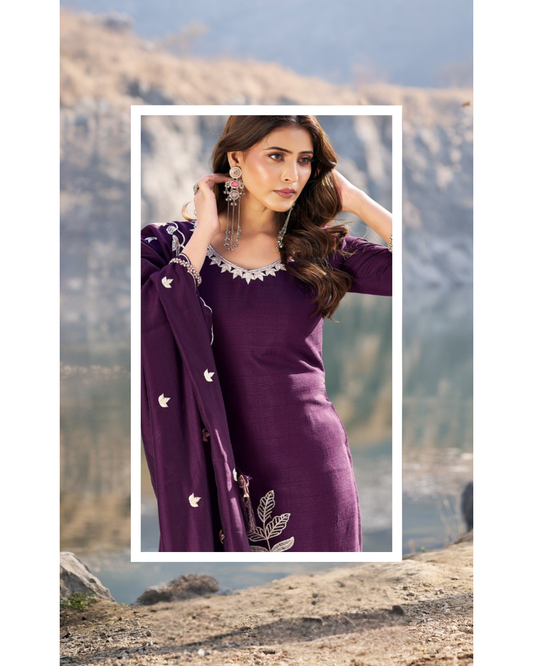 Vaynika Purple Threadwork Floral Print 3piece