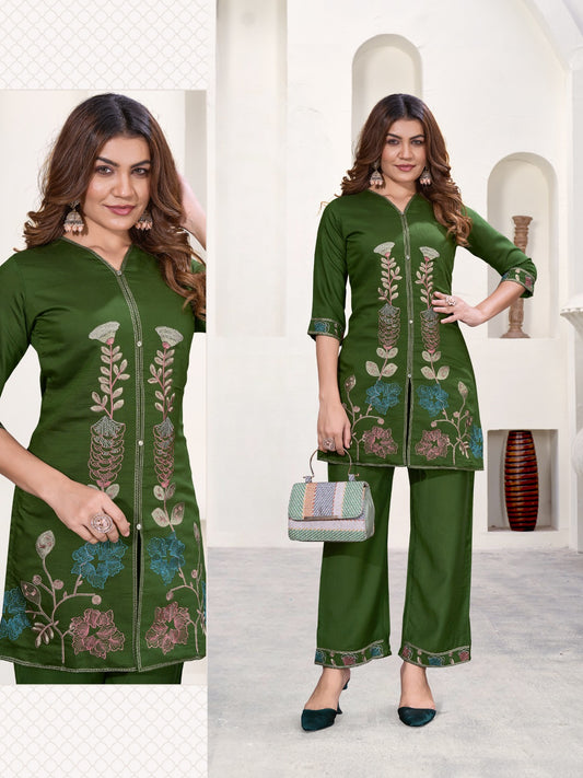 Elegant Forest Green Embroidered Two Piece Set