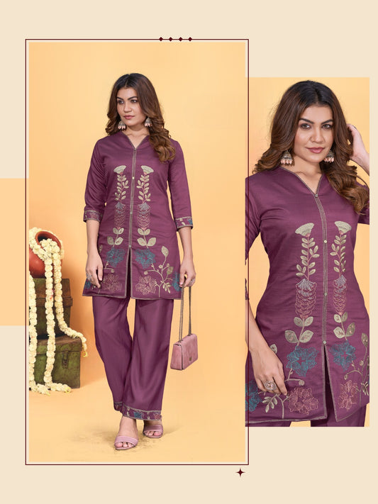 Elegant Wine Embroidered Two Piece Set