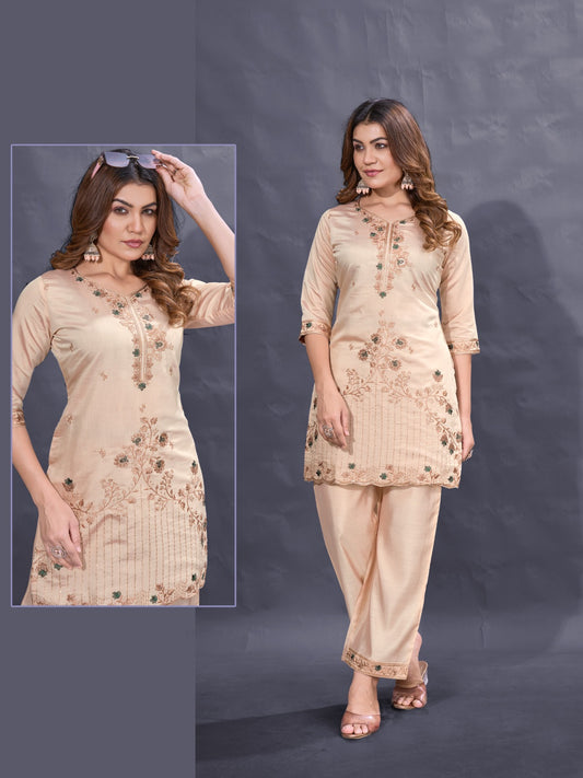 Elegant Cream Gold Embroidered Two Piece Set