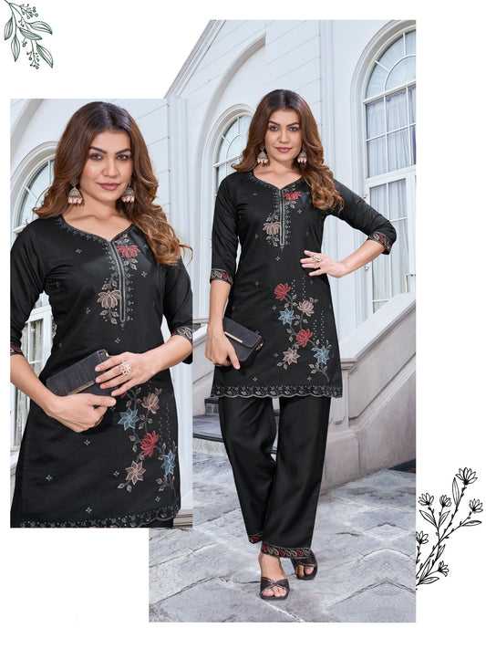 Black Floral Embroidered Two Piece Set