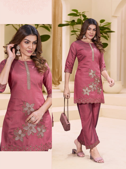 Rose Pink Embroidered Two Piece Set