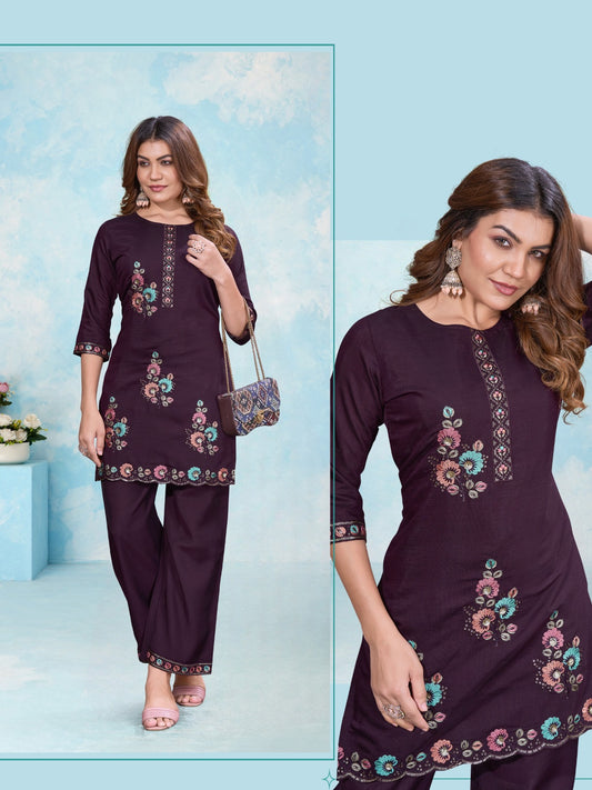 Plum Purple Embroidered Two Piece Set