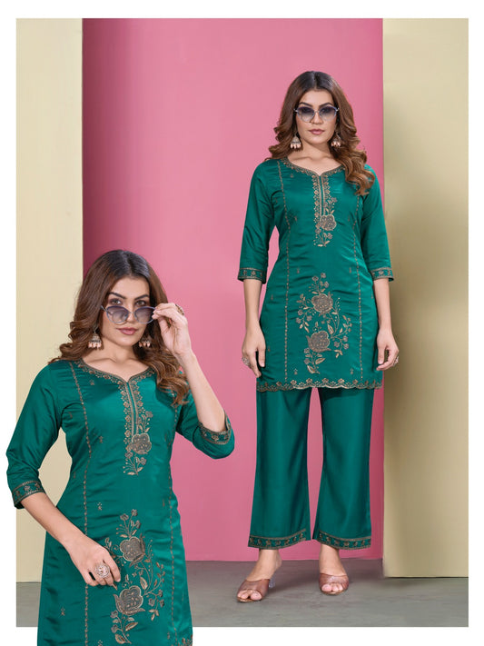 Emerald Green Embroidered Two Piece Set