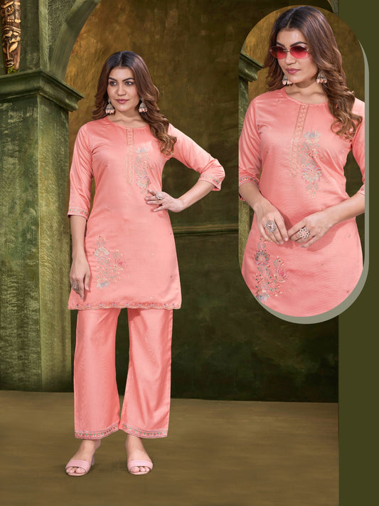 Peach Embroidered Two Piece Set