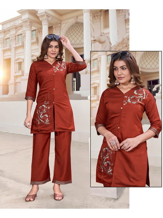 Maroon Embroidered Two Piece Set