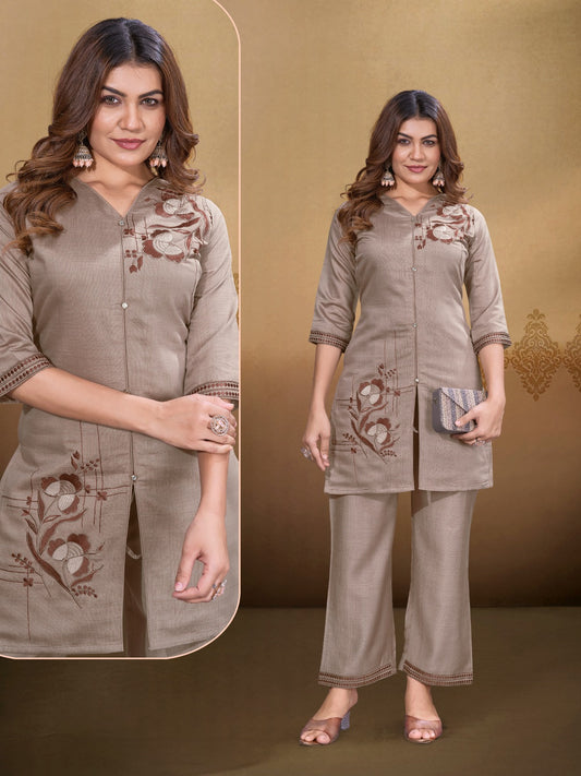 Stone Grey Embroidered Two Piece Set