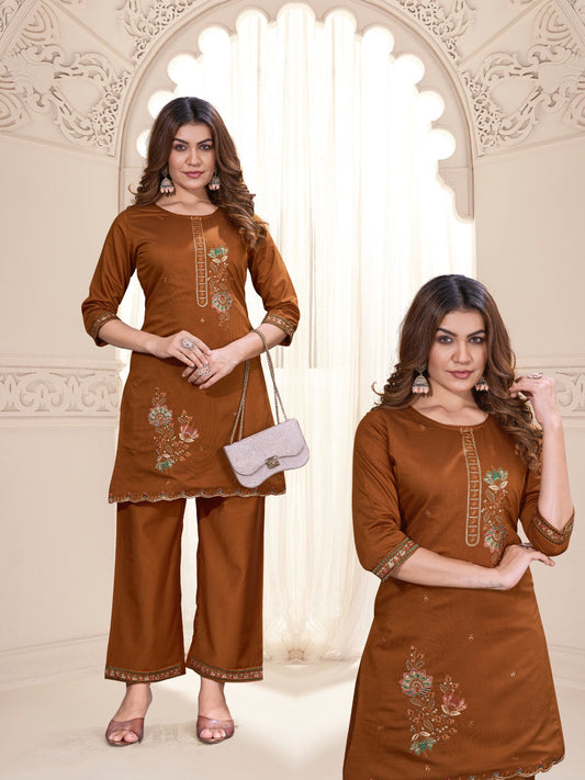 Rust Brown Embroidered Two Piece Set