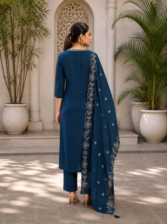 Vaynika Dark Navy Blue Ethnic Floral Embroidered 3piece Suit