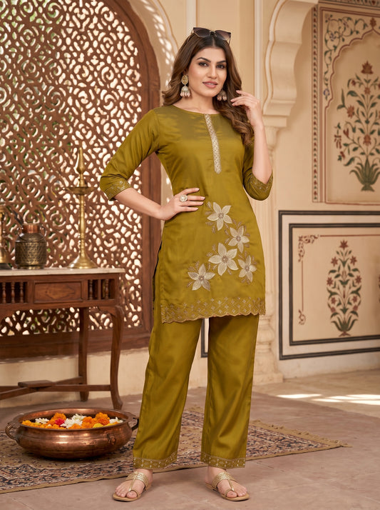 Vaynika Olive Green Petal Designer 2PCS For Women