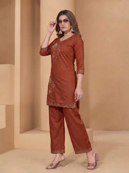 Vaynika Brick Red Embroidered 2PCS Set with Sequence Work