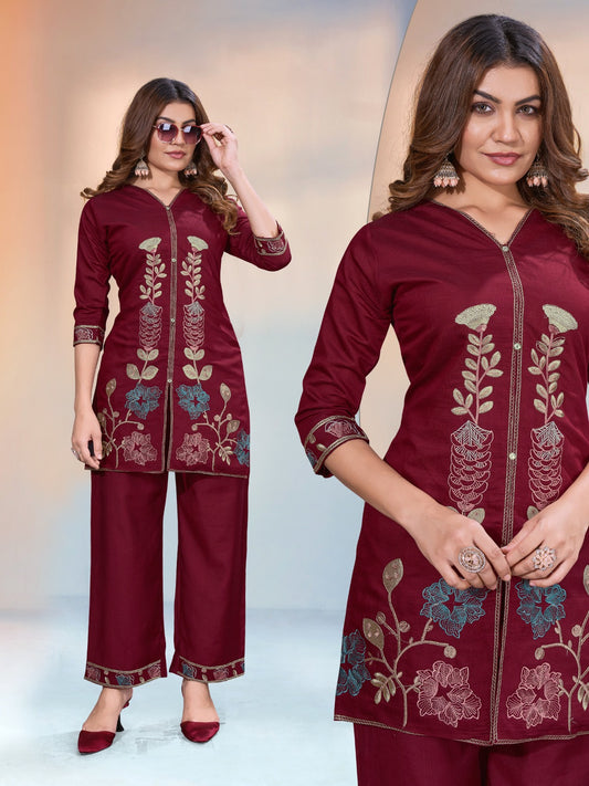 Elegant Maroon Embroidered Two Piece Set