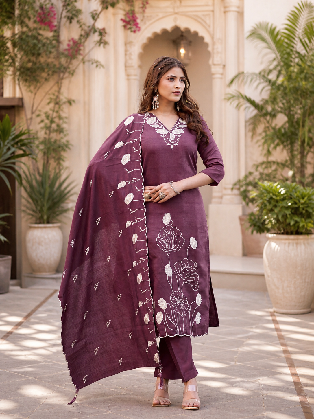 Vaynika Deep Wine Single Line Floral Print 3 piece Set