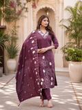 Vaynika Deep Wine Single Line Floral Print 3 piece Set