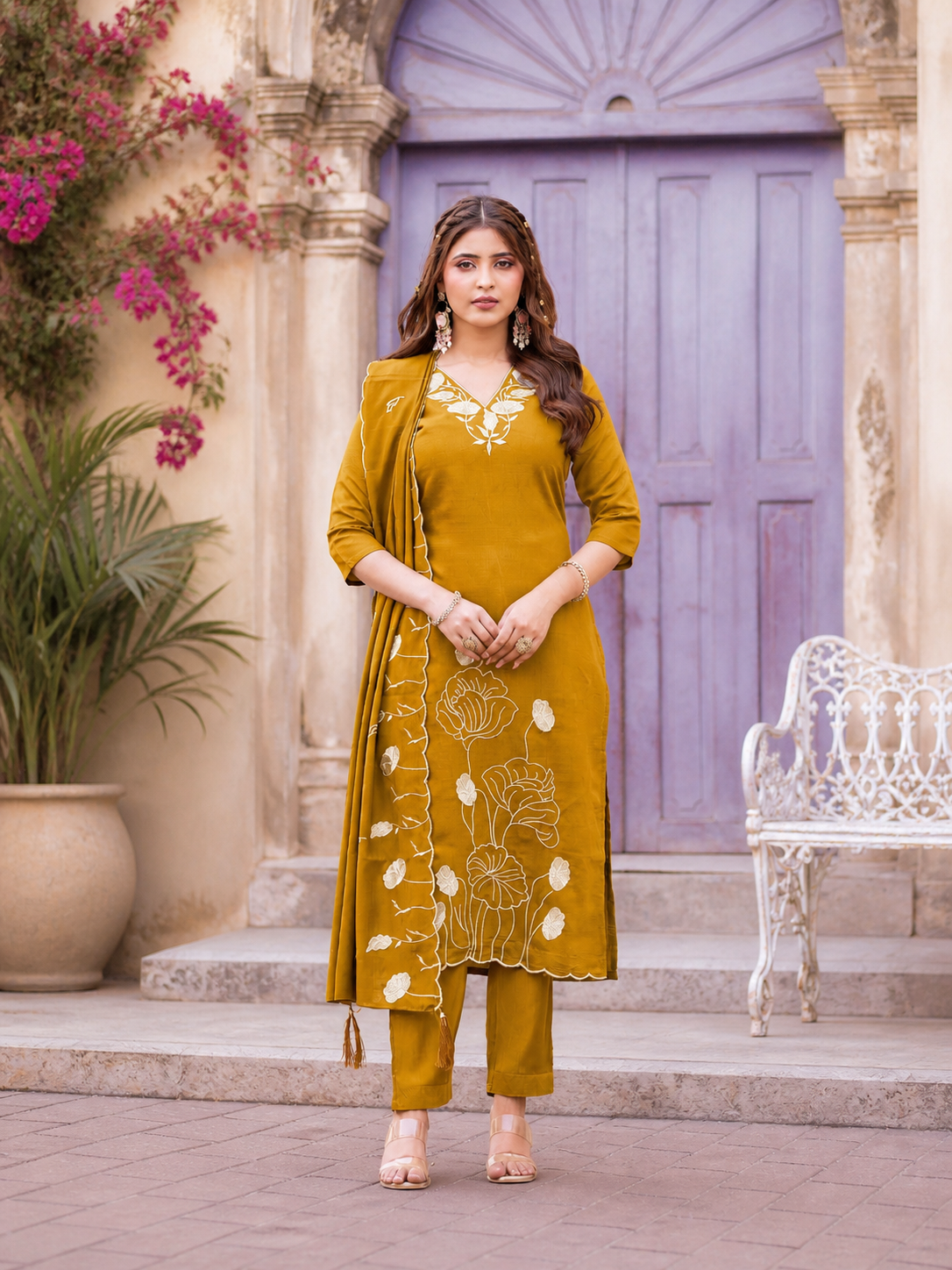 Vaynika Mustard Single Line Floral Print 3 piece Set
