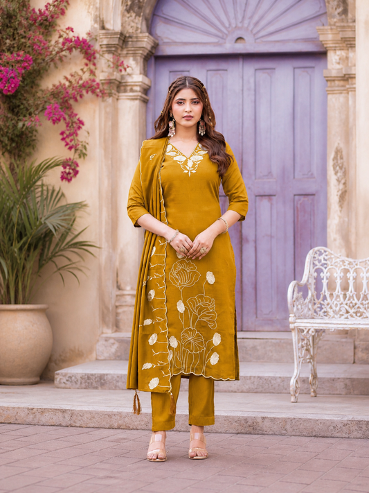 Vaynika Mustard Single Line Floral Print 3 piece Set