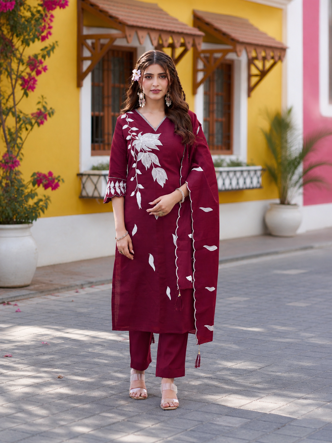 Vaynika Wine Tropical Leaf Embroidery 3piece Set