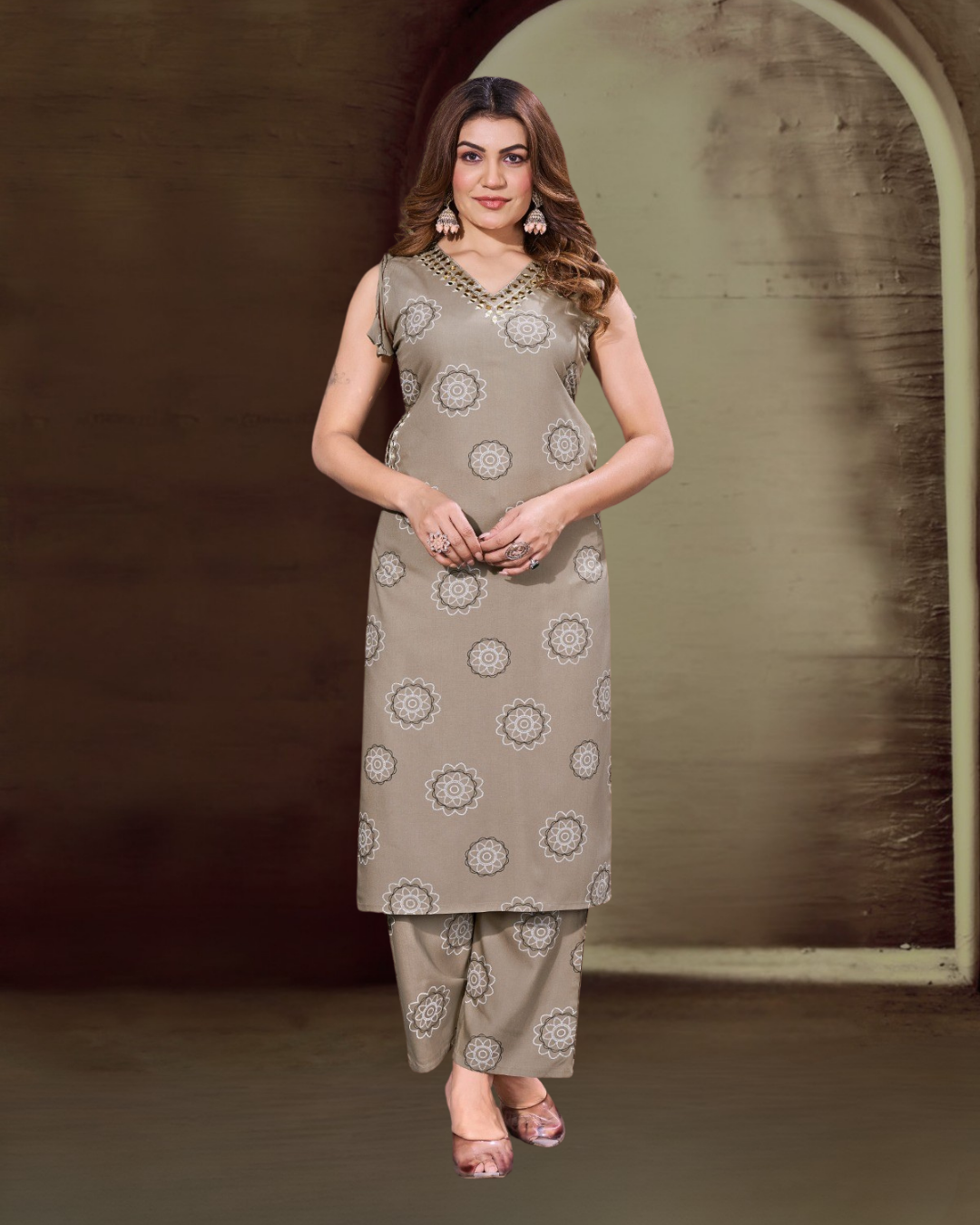 Vaynika Light Brown Floral Motif Co-ord Set