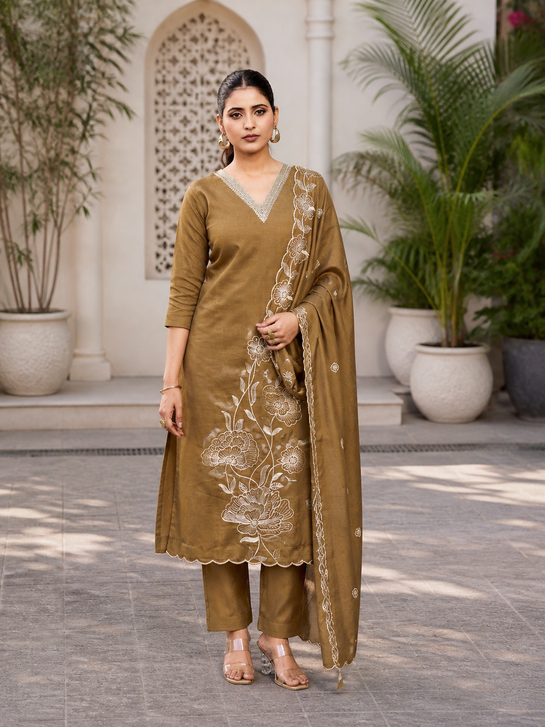 Vaynika Olive Green Ethnic Floral Embroidered  3piece Suit