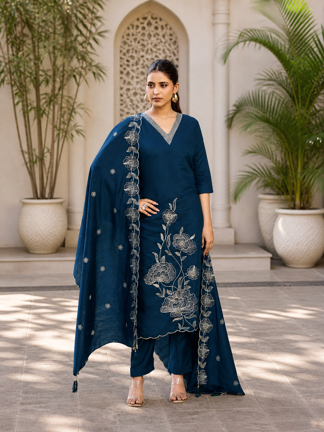 Vaynika Dark Navy Blue Ethnic Floral Embroidered  3piece Suit