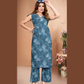 Vaynika Peacock Blue Monochrome Floral Printed Straight  Co-ord Set